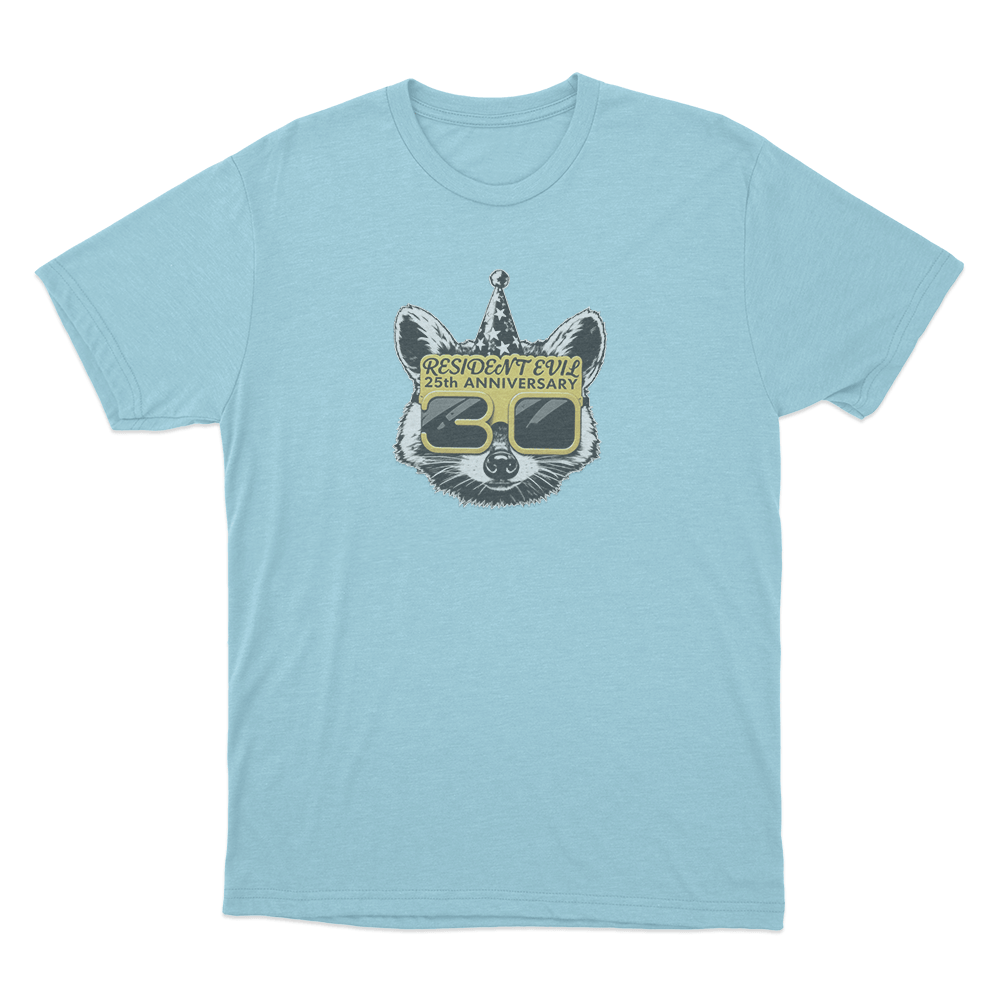 Resident Evil 30th Anniversary Mr. Raccoon Unisex T Shirt Sky Blue Resident Evil 30th Anniversary Mr. Raccoon Unisex T Shirt Sky Blue